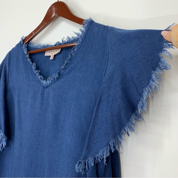 Philosophy Dark Blue Rayon Tencel Fringe Short Sleeve Boho Dress Size Medium - Picture 5 of 15